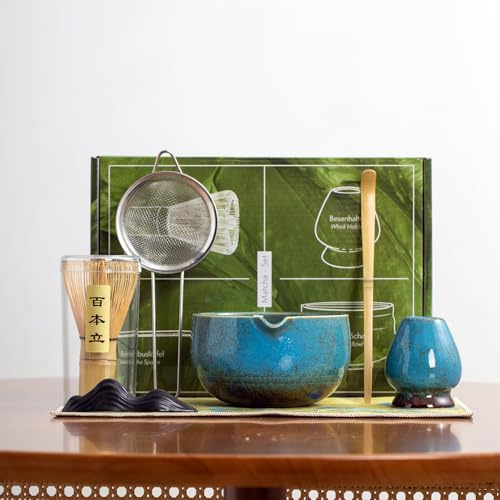 quiodok Juego de té matcha de 7 piezas con cuenco de matcha, colador, batidor de bambú, trapo, juego completo para principiantes amantes del té (azul)