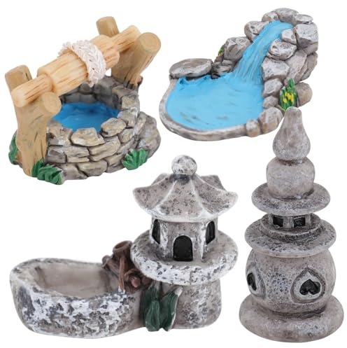 Ensemble de décoration de modèle de Mini scène de Style Chinois 4 pièces, Ornement de Paysage de Tour de puits Miniature Vintage pour la Maison et Le Jardin, Figurines Miniatures de Collection de