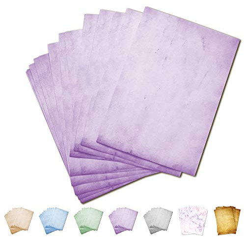 Partycards 50 Blatt Lila Briefpapier doppelseitig bedruckt, 90 gr, Briefpapier Vintage Urkundenpapier, DIY Flaschenpost Schatzkarte Speisekarte Bastelpapier Druckerpapier