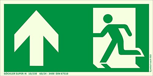 Hochwertiges Notausgangsschild stark langnachleuchtend + Aluminium selbstklebend nachleuchtend SUPER-N - Pfeil Oben - Notausgang Schild grün – DIN 67510 / ISO 7010 (300 x 150 mm)