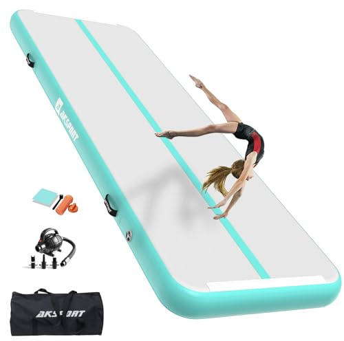AKSPORT Gymnastics Air Mat Tumble Track Tumbling Mat Inflatable Floor Mats with Air Pump for Home Use/Tumble/Gym/Training/Cheerleading/Parkour/Beach/Park/Water(Mint Green, 9.84ft)