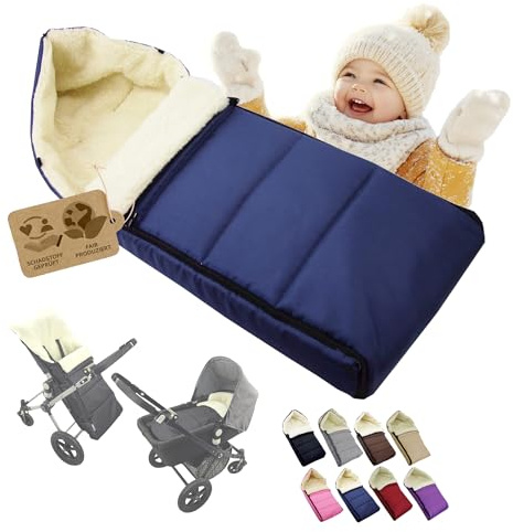 BAMBINIWELT Fußsack aus Lammwolle 108 cm – Winterfußsack für Kinderwagen, Buggy – universell passend, warm, waschbar & wasserabweisend – liniert (marine)