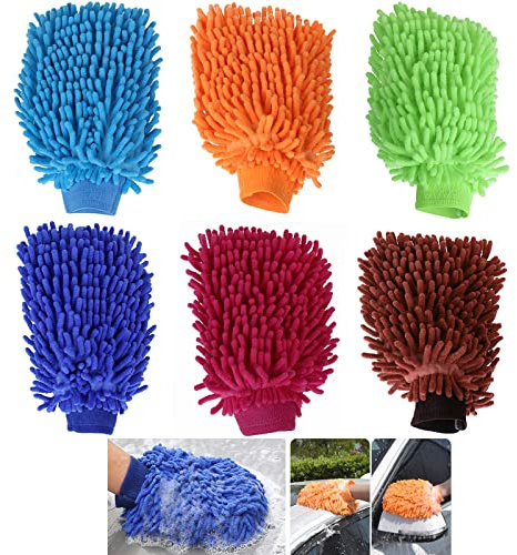 TsunNee 6PCS Chenille Car Wash Mitt, Double Sided Microfiber Mittens, Ultra Soft Noodle Car Cleaning Mitts
