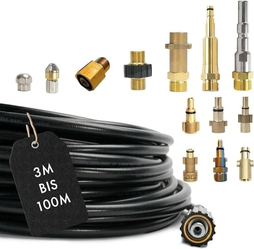 M&M Smartek Rohrreinigungsschlauch 12m, 14-Teiliges Adapterset | Umfangreiches Adapterset mit 2 Edelstahldüsen, M22-, KEW-, Bajonett-, Quick-Connect- und robusten Easy-Lock-Verbindungen.