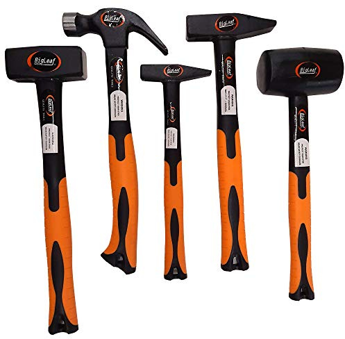 BigLeaf 5-teiliges Hammer Set Fiberglasgriff vibrationsarm Fäustel Schlosserhammer Klau-Hammer Nach DIN 1041, 750g/1285g/750g/2280g, Orange, 34cm/36cm/36cm/36cm