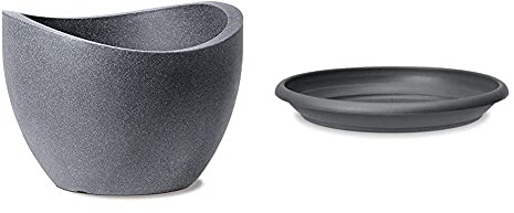 Scheurich Wave Globe, Pflanzgefäß aus Kunststoff, Schwarz-Granit, 60 cm Durchmesser, 44,5 cm hoch, 68 l Vol. & Untersetzer aus Kunststoff, Metallic Grey, 44 cm Durchmesser, 6,5 cm hoch