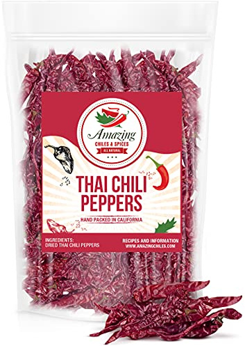Authentic Red Thai Chili Peppers, 5 oz. Bag, Genuine Hot Red Whole Pepper Chilis, Dried Fresh for Cooking Traditional Asian Foods, Soups, and Curry by Amazing Chiles & Spices