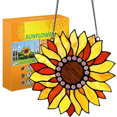 Capulina Sunflower Stained Glass Window Hangings Stunning Handicrafts Sun Flower Suncatcher Flower Lovers Gifts for Window Decor, Sunset Red