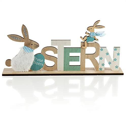com-four® Deko Aufsteller für Ostern, Schriftzug mit Osterhasen | Niedliche Osterdeko zum Hinstellen - Osterdekoration aus Holz