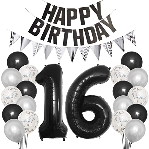 Borsgye 16. Geburtstag Deko Set 16 Jahr Geburtstagsdeko Ballon Männer Junge Frauen Schwarz Happy Birthday Banner Silber Glitzernder Dreiecks Banner Konfetti Luftballons Schwarz Folienballon Zahl 16