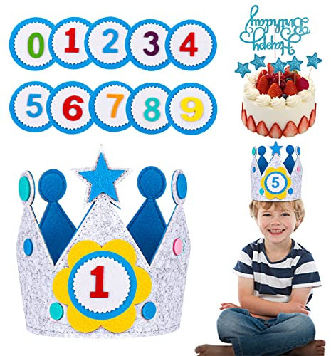 LUERFUN Geburtstagskrone für Kinder, Geburtstag Kinderkrone Geburtstagskrone Stoffkrone, Unisex Kinderkrone Einstellbar mit Auswechselbaren Zahlen 0-9（Blau）