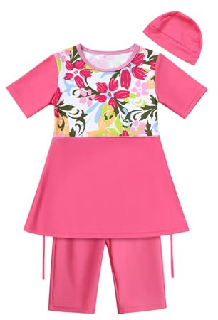 IWEMEK Fille Maillot de Bain Anti UV 50+ Protection Solaire Haut Manches Longues Hijab Bonnet + Pantalon à Volants Costume Plongée Natation Surf 2 Pièce Musulman Islamique Enfant #Long Rose 7-8 Ans