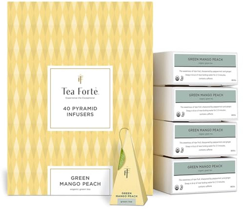 Tea Forte Green Mango Peach | Packung mit 40 Aufgusspyramiden | Grüner Bio-Tee