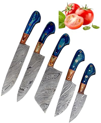 CraftTal Lot de 5 couteaux de cuisine damassés faits à la main - En acier damassé véritable - 67 couches - Ensemble complet de couteaux de cuisine - Couteaux de boucher - Pour anniversaire, Noël