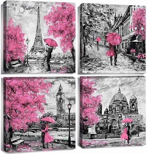 4 Panel Pink Wall Art Abstract Romance Pairs Pictures for Bedroom Walls Watercolor Cherry Blossom Tree Wall Painting Modern Black and White City Poster Canvas Prints Artwork Home Decoration 30x30cm