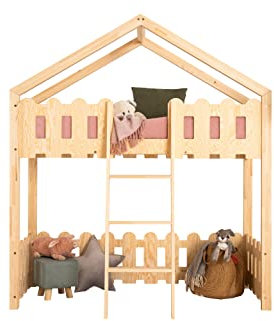 Meri-Kids Hochbett Kinder 70x140 cm 'KAIKO BA' - Kinderbett mit Rausfallschutz und Leiter für Hochbett - Kinder Bett aus Kiefernholz - Kinderhochbett mit Lattenrost - Bett Kinder ab 6 Jahre