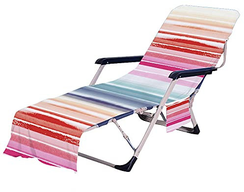 Surwin Streifen Schonbezug Für Gartenliege, Strandliegenauflage Frottee Liegenauflage Stuhl Strandtuch Sun Lounger Bezug mit Tasche Sporthandtuch für Garten Schwimmen (75x210cm,Rot)
