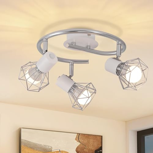 Glitzerlife Deckenstrahler 3 Flammig Rund Deckenleuchte Deckenlampe | Industrial Retro E14 Schwenkbar Weiß Metall Innen für Wohnzimmer Schlafzimmer Arbeitszimmer Flur Küche Keine Leuchtmittel