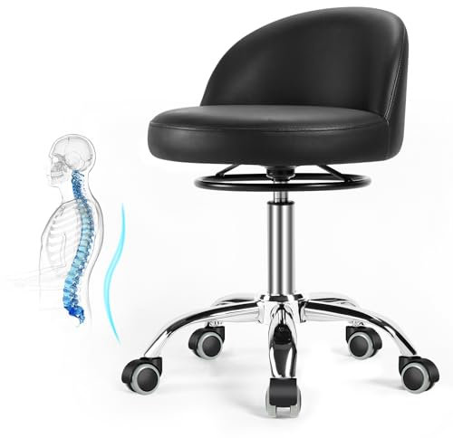 Rollhocker mit Rückenlehne - Hydraulische Höhenverstellung per Ringgriff (48-60cm) 360°-Drehfunktion Pflegeleichtes Kunstleder · hocker mit rollen für Salon/Büro/Medizin/Tattoo/SPA (Schwarz)