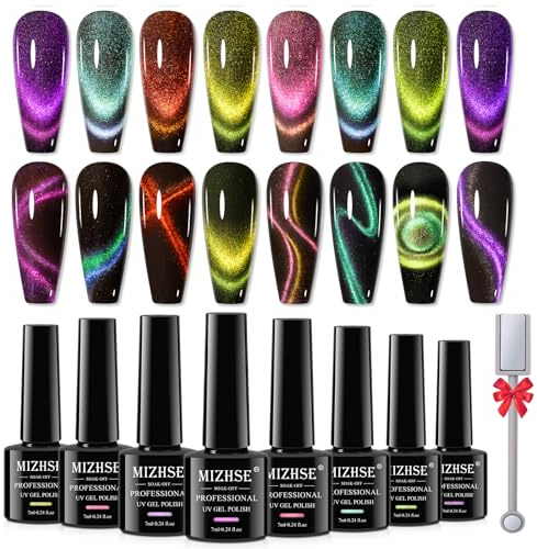 MIZHSE Cat Eye UV Gel Set, 9D Cateye Magnet Nagellack Set, 8 Farben Magnetischer Nagellack, UV Cat Eye Gel für Nail Art DIY Salon, 7ml x 8