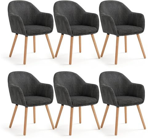 WOLTU Chaises de Salle à Manger Lot de 6, Chaise de Cuisine avec Accoudoirs, Chaise Rembourrée avec Pieds en Bois Massif, en Velours Côtelé, Gris Foncé.