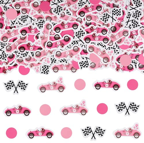 Wonmelody Race Car Party Supplies for Girl 200 PCS Racing Car Confetti Pink Race Car Confetti Table Decor Vintage Racing Car Flag Retro Let's Go Racing Baby Shower Birthday Party Supplies for Girls