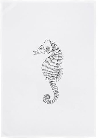 17;30 - HW160A - Geschirrtuch, Weiss, Seepferdchen in grau, Baumwolle, 50cm x 70cm, waschbar bis 60 Grad
