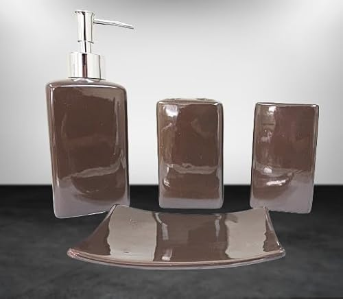 4 Pieces Bathroom Countertop Set Ceramic Accessories Solid Colors Soap Dispenser Soap Dish Toothbrush Holder Toothpaste Holder (Brown)