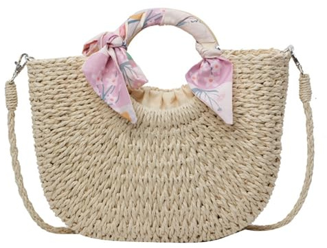 Generisch Stroh Handtasche für Damen,Sommer Handgewebt Strandtasche Schultertasche Tote Bags,mit rundem Griff für Reise Urlaub Freizeit