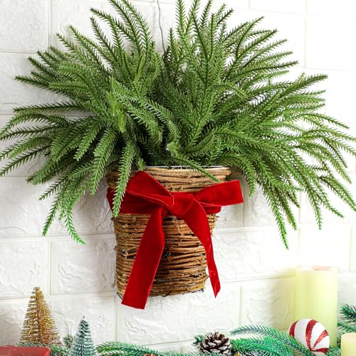 Yunlly Christmas Norfolk Pine Wreath - 17 Inch Farmhouse Rustic Xmas Pine Wreath with Red Ribbon for Front Door, Window, Wall