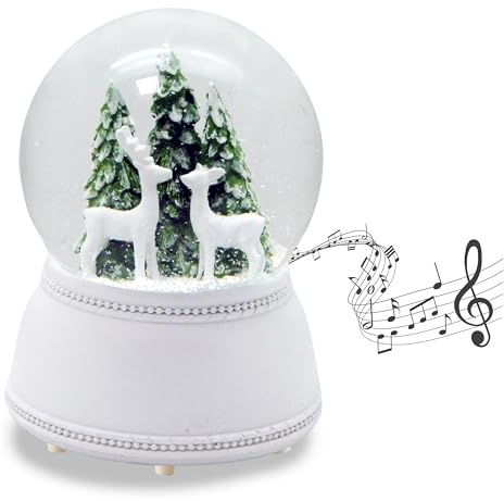 Schneekugel Weihnachten Spieluhr | 2 Rehe vor Tannenbaum grün | Breite: 100mm, Höhe: 130mm | mit Musik | Weihnachtsdekoration | 20254