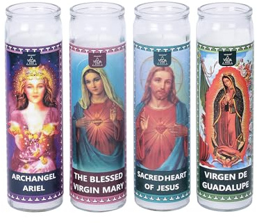 Welburn Veda&Co™ Prayer Candles - Pack of 4, 90 Hours Burn Time Smokeless Unscented Glass Pillar Candle 100% Refined Paraffin Wax, Religious, Memorial, Christmas Vigil, Wedding Home Decor, Emergencies