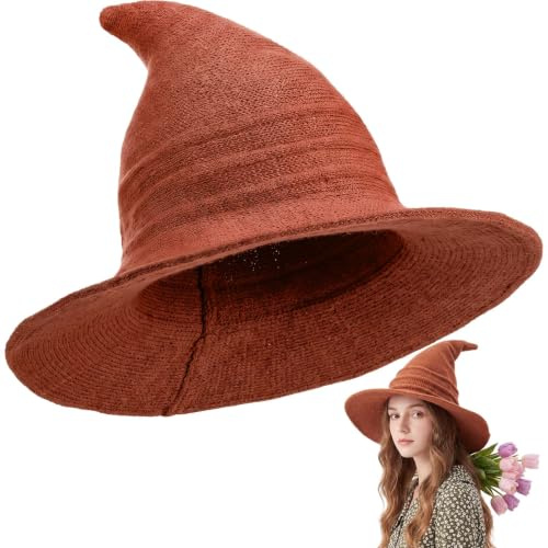 Boyiee Gestrickt Hexe Hut Breitkrempe Gestrickte Mütze Halloween Hexenhut Faltbare Zipfelmütze für Damen Halloween Cosplay Kostüm Maskerade Zubehör