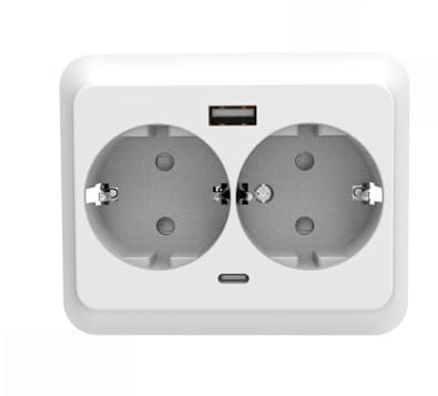 Dual-Einbausteckdose mit Erdung, 16 A, 250 V und USB-A- und C-Anschlüsse, ideal zum Laden und Versorgen von Geräten in engen Räumen, kombiniert Funktionalität und praktisches Design.