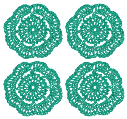sourcing map Crochet Doilies, 4Pcs 4 Cotton Woven Fabric Coasters, Lace Round Handmade Coasters with Floral Pattern for Wedding Party Decoration (Forest Green)