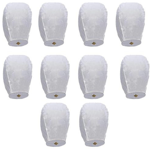10 Pack Linternas Chinas del Cielo, Farolillos Voladores, Linternas de Papel Voladoras, Luces Brillantes Voladoras de Estilo Tradicional, Utilizadas para Cumpleaños, Fiestas,San Valentín, Bodas-Blanco