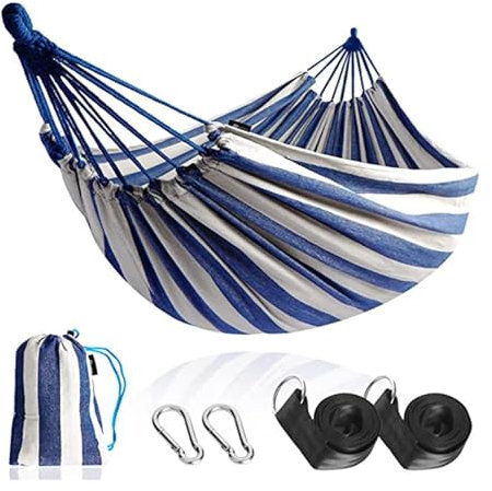Camping Hängematten Camping Doppel Hängematte Tragbare 260 * 150 cm Leinwand Hängen Bett Für Outdoor Garten Strand Möbel Schaukel Stuhl(Blue and White)