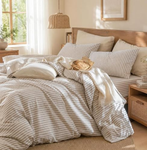 Lanqinglv Bettwäsche 200x200 Baumwolle Gestreift Beige Weiß,ÖKO-TEX | 100% Renforce Baumwollebettwäsche Set mit Reißverschluss,für Allergiker Geeignet,1 Bettbezug & 2 Kissenbezug 80x80 cm