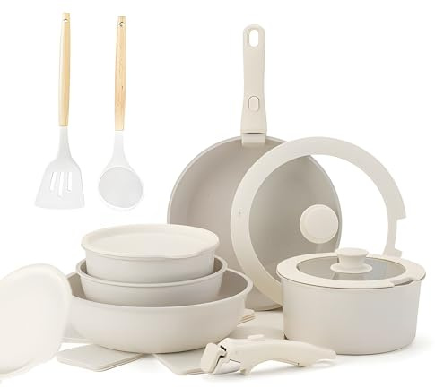 Pots & Pans Set with Detachable Handle 17pcs Induction Hob Pans Cooking Pots for Camping Nonstick Kitchen Saucepan & Frying Pans Set, Aluminum Stackable RV Cookware Set for All Stoves Oven