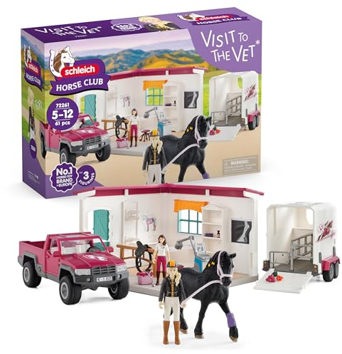 schleich Horse Club | Besuch beim Tierarzt 72261 | ab 5 Jahren | 61 Teile | Set mit Haus, Pick-up, Pferdeanhänger, 2 bewegliche Figuren, Pferd & Zubehör | Geschenk für Kinder