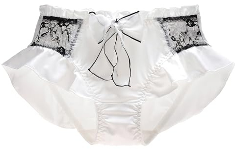 ZooChest Women's Silk Lace Frilly Bow Knickers Ladies Cute Lace Trim Bridal Lingerie Underwear Sexy Silky Breathable Stretch Lolita Panties French Full Brief Knickers for Women Sissy Panties M-XL