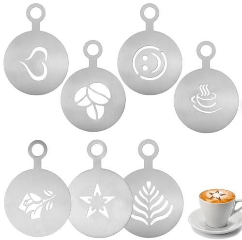 7 Stück Kaffeeschablonen aus Edelstahl, Cappuccino Schablonen, Geschenk Kaffee Schablone, Kaffee-Dekorationsschablone, Accessoires, Schablonen Tortenschablone