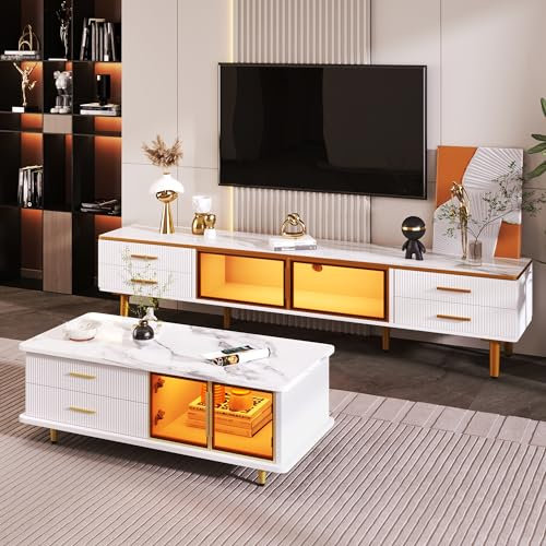 Gxffipw Wohnzimmer Möbel Set mit Couchtisch und TV Schrank, Couchtisch und TV Schrank mit Türen und Schubladen aus gehärtetem Glas mit goldenen Griffen und Füßen, Tischplatte mit Marmorstruktur, Weiß