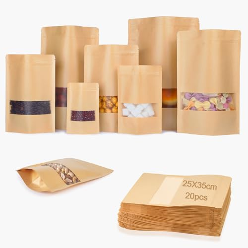 KINETOX Sachet Kraft Alimentaire 25X35 cm Sachet Kraft Zip Emballage Alimentaire Sachet Bonbon pour Noix Grains de Café,Biscuit Nourriture Animaux de Compagnie Feuilles de Thé Épices 20 Pièces