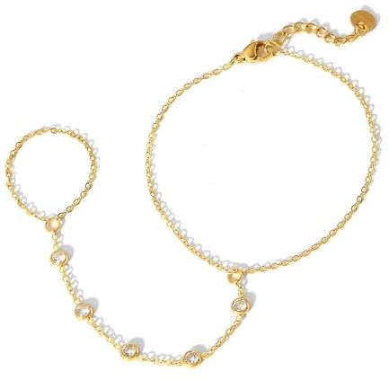 Riceel Bracelet à Chaîne en Couches Femme, Bracelet à Anneau Chaîne de Main en Plaqué Or 18 Carats Bijoux Fantaisie pour Femmes et Filles