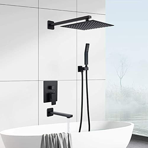 Système de douche à effet pluie carré de 25,4 cm avec pomme de douche à main - Robinet de baignoire mural noir moderne pour une expérience de spa ultime
