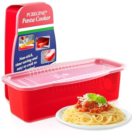PCREGPAE Microwave Pasta Pot with Strainer Lid & Measuring Cup Clip Quickly Cook 1-4 Servings-No Mess, Sticking or Waiting For Boil, Pasta Cooker in Microwave for Dorm Kitchen Office College Essential