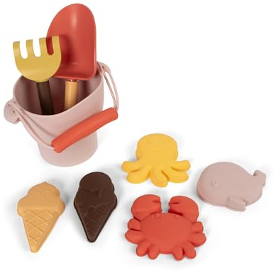 Filibabba Giocattoli da Spiaggia, 8 Pezzi Giochi Spiaggia Bambini con Secchiello, Paletta, Rastrello e Stampi per la Sabbia, in Morbido Silicone, Rosa