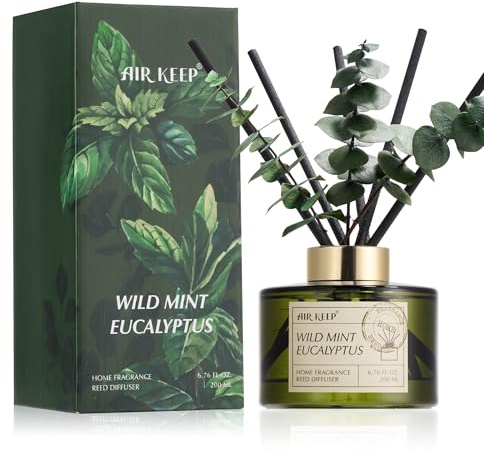 Airkeep Reed diffuser set, 200 ml vild mynta och eukalyptus doftspridare med pinnar, hemparfym för sovrum, badrum, vassdiffuser olja för hem och kontor, dekor