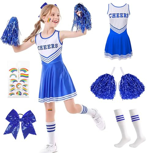 Hengrongshen Déguisement Pom Pom Girl Fille, Costume Pompom Girl Enfant avec Robe, Pompons, Chaussettes, Nœud, Épingle à Cheveux et Autocollants, Deguisement Cheerleader Fille pour Carnaval, Halloween